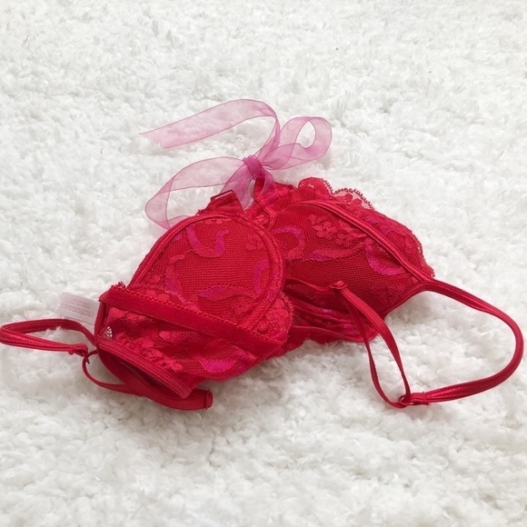 🆕 Victoria’s Secret solid red lace front closure bra pink tie padded - Picture 7 of 11